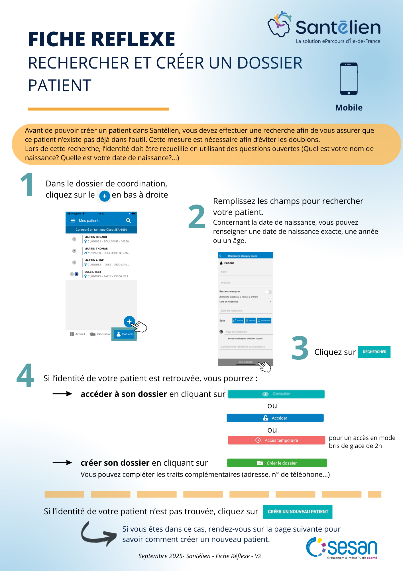 Fiche réflexe Mobile Rechercher et créer un patient