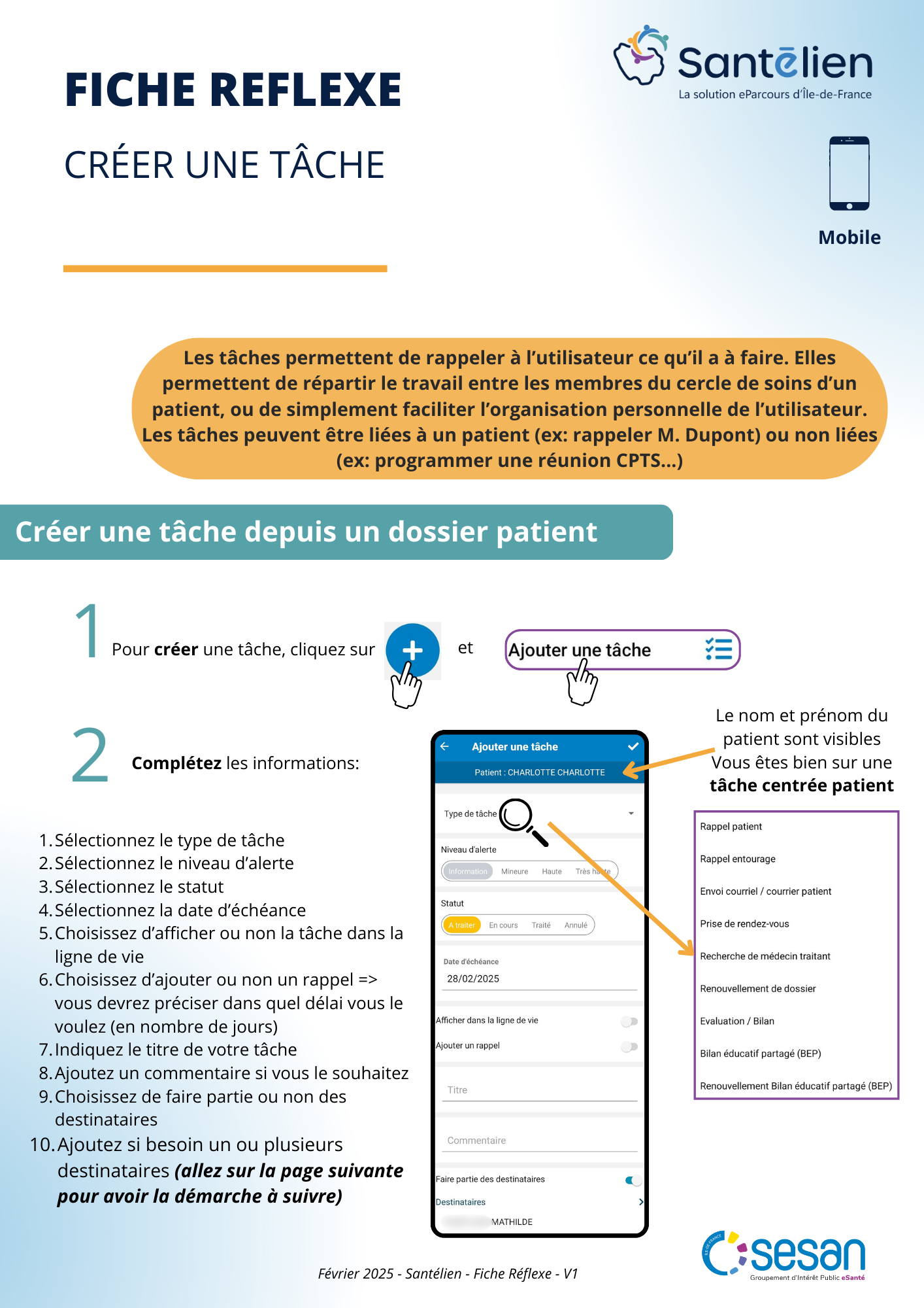 Fiche réflexe Mobile Créer une tâche et consulter le tableau de bord des tâches