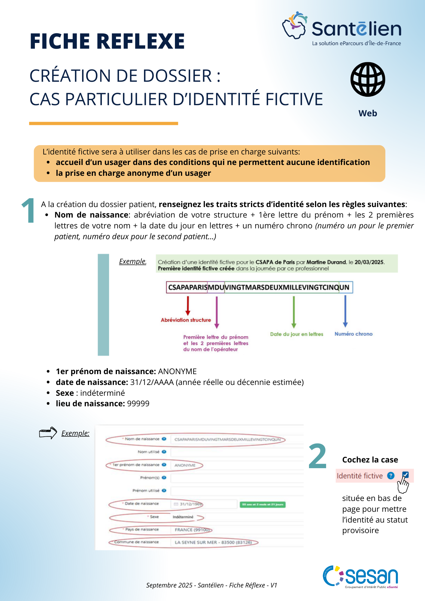 Fiche réflexe Web création de dossier cas particulier d'identité fictive