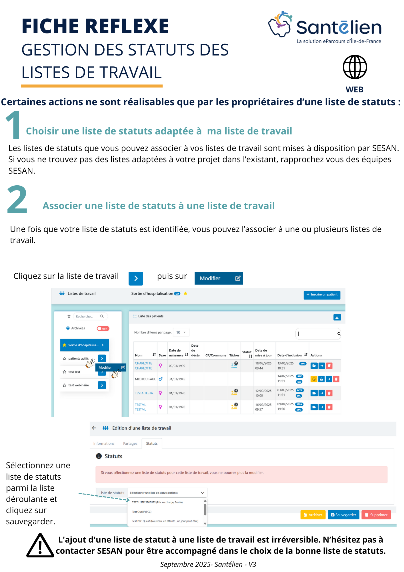 Fiche réflexe web listes de travail Gestion des statuts